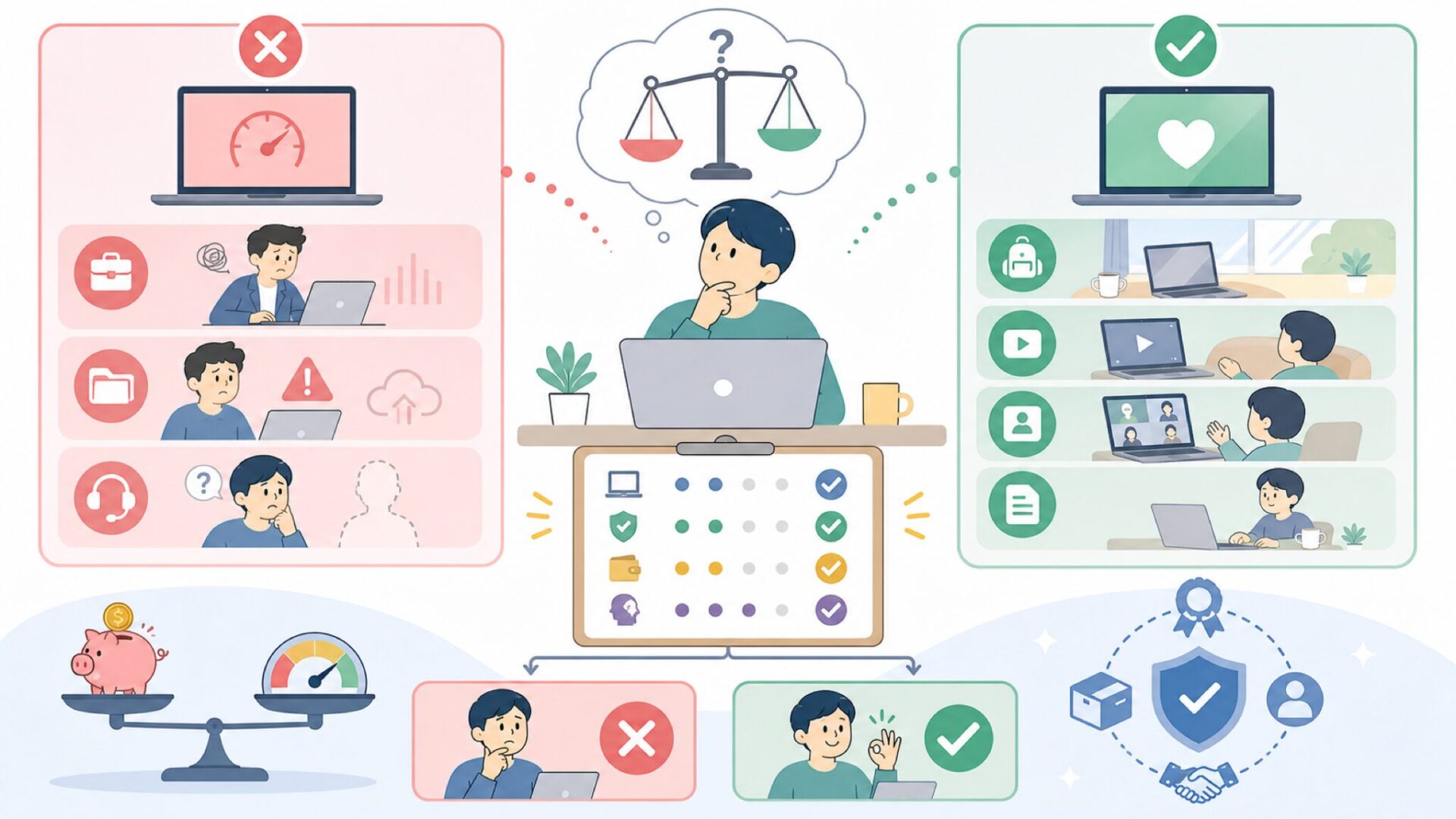 ESBOOKは「あり」か「なし」か——用途別の購入判断基準を表すイラスト