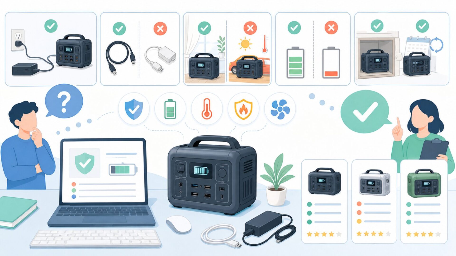 EVOPOWのポータブル電源を安全に使うための注意点を表すイラスト