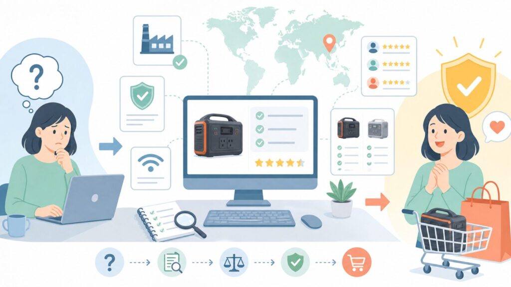 EVOPOWはどこの国のメーカー？中国製の安全性と本当のコスパを検証の要点を表すイラスト