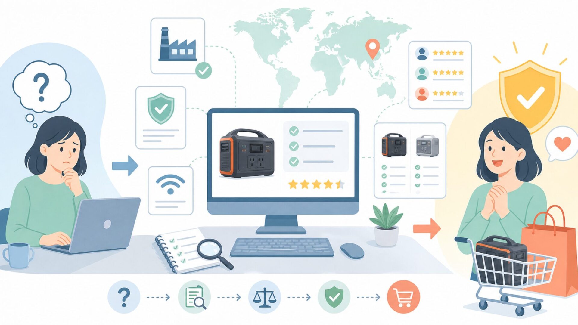 EVOPOWはどこの国のメーカー?中国製の安全性と本当のコスパを検証の要点を表すイラスト