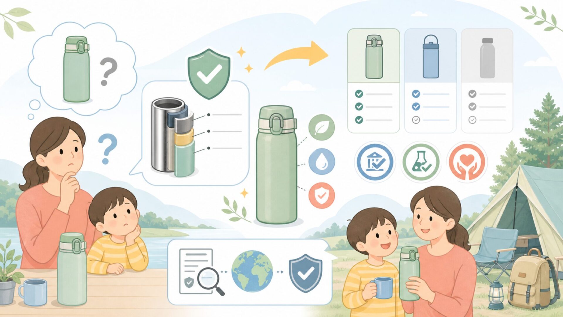 FJbottle製品の安全性と使用素材を表すイラスト