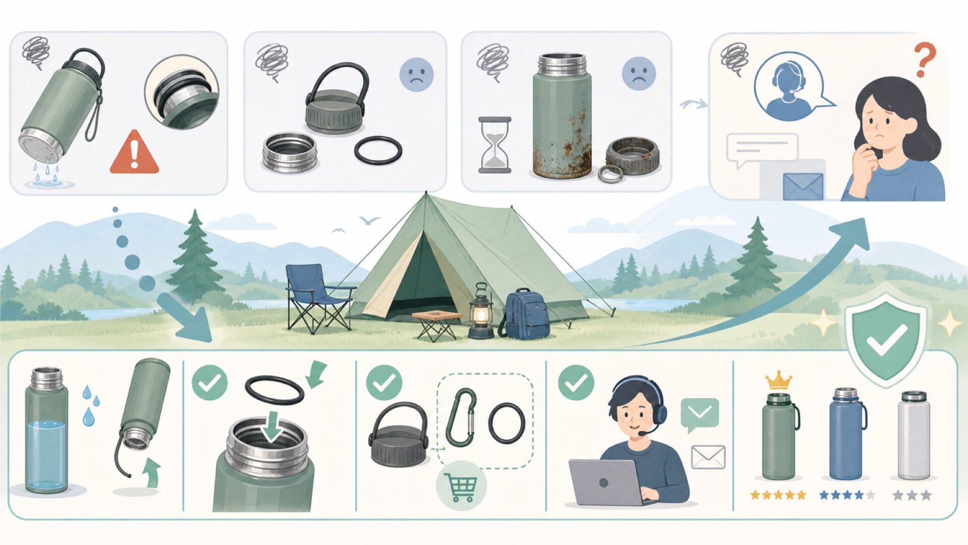 FJbottleの悪い口コミと注意すべきポイントを表すイラスト