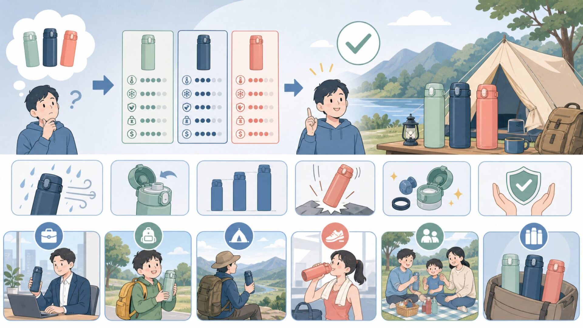 国内ブランドとの比較：FJbottleはどのシーンに向いているかを表すイラスト