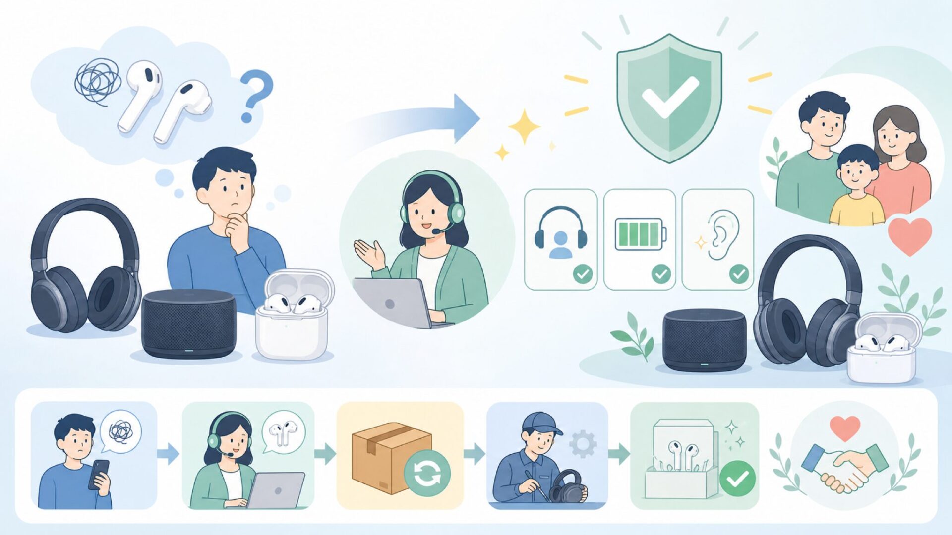 FUNLOGYのアフターサポートと購入後の安心材料を表すイラスト