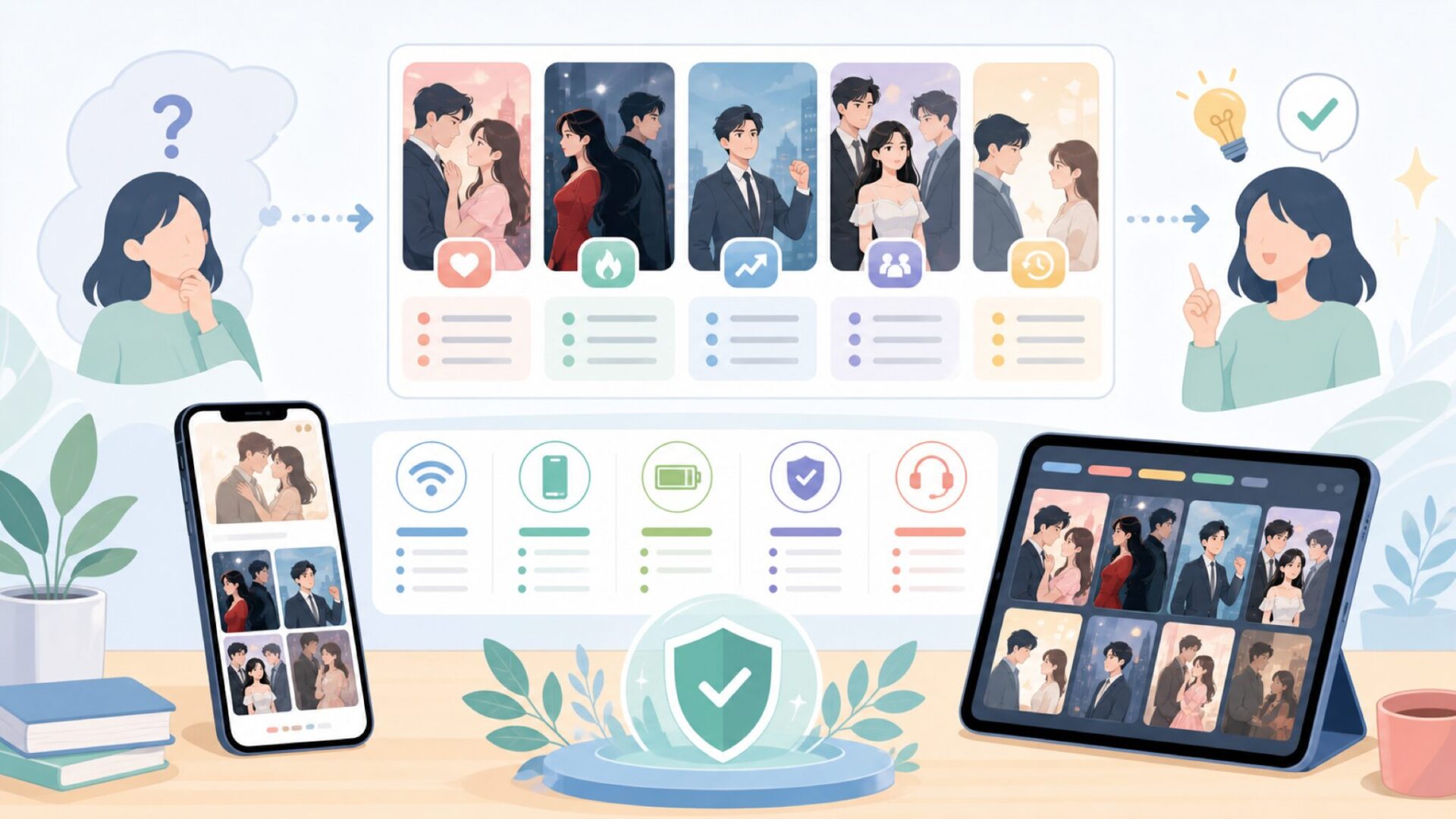 FlickReelsで楽しめるコンテンツの種類を表すイラスト