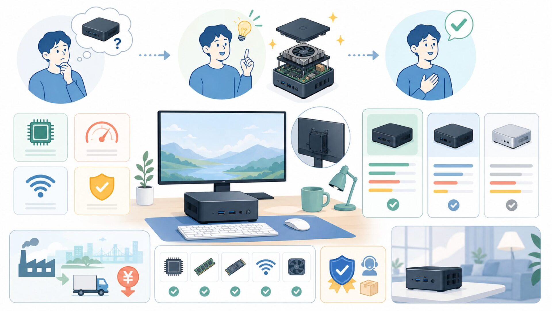 GEEKOMミニPCの特徴——コスパが高い理由と選ぶときの着眼点を表すイラスト
