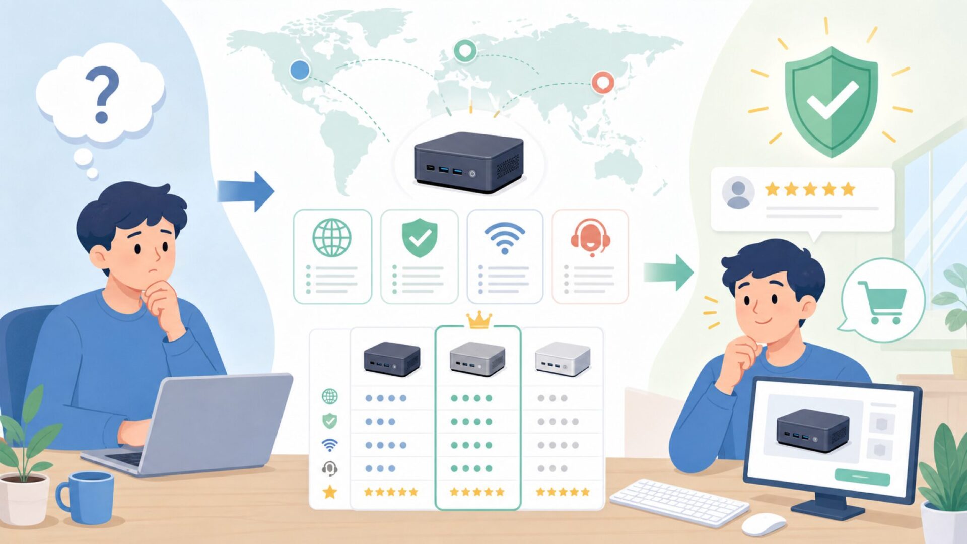 GEEKOMはどこの国のブランド？本社・安全性・評判を徹底解説の要点を表すイラスト