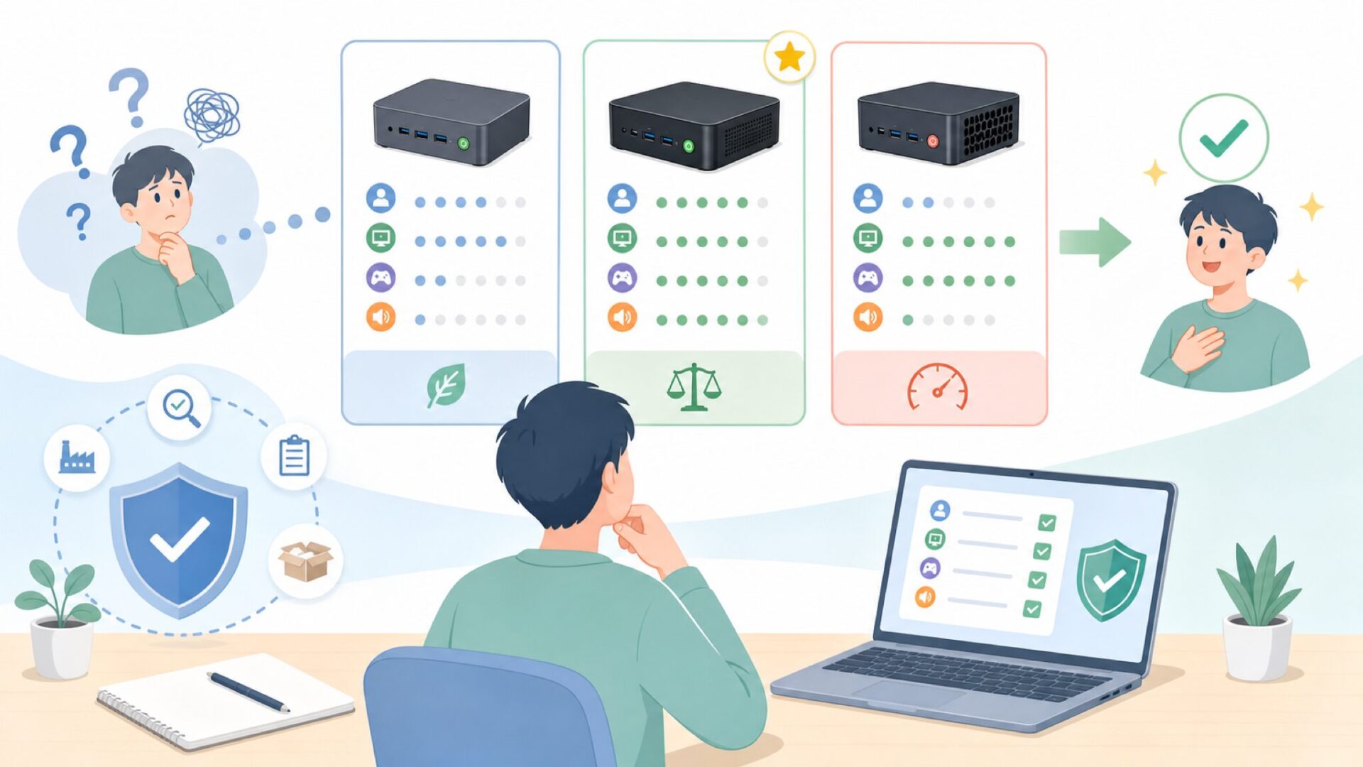 人気モデル比較——自分に合うGMKtecはどれかを表すイラスト