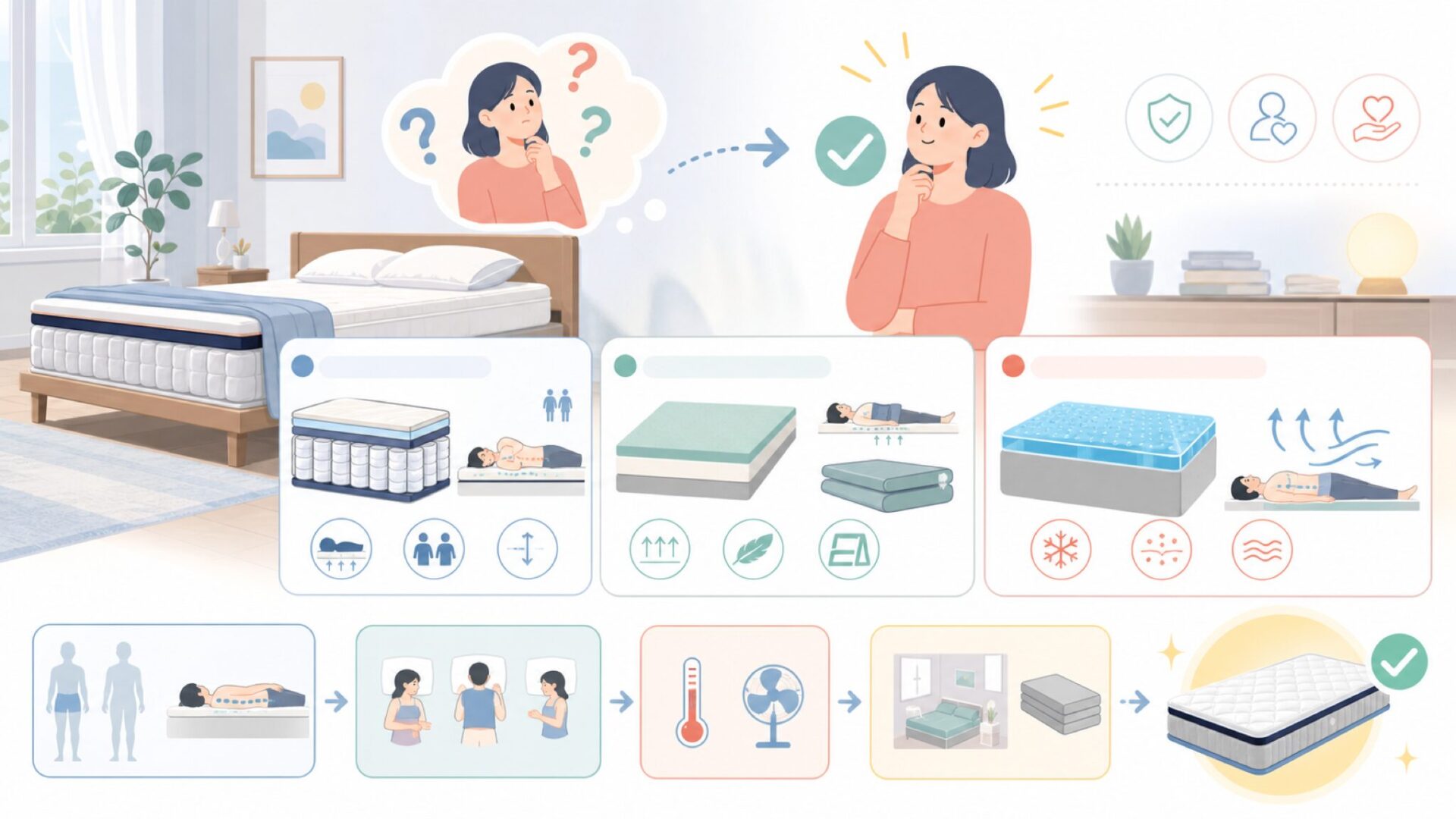 GOKUMINマットレスのラインナップ——自分に合った製品の選び方を表すイラスト