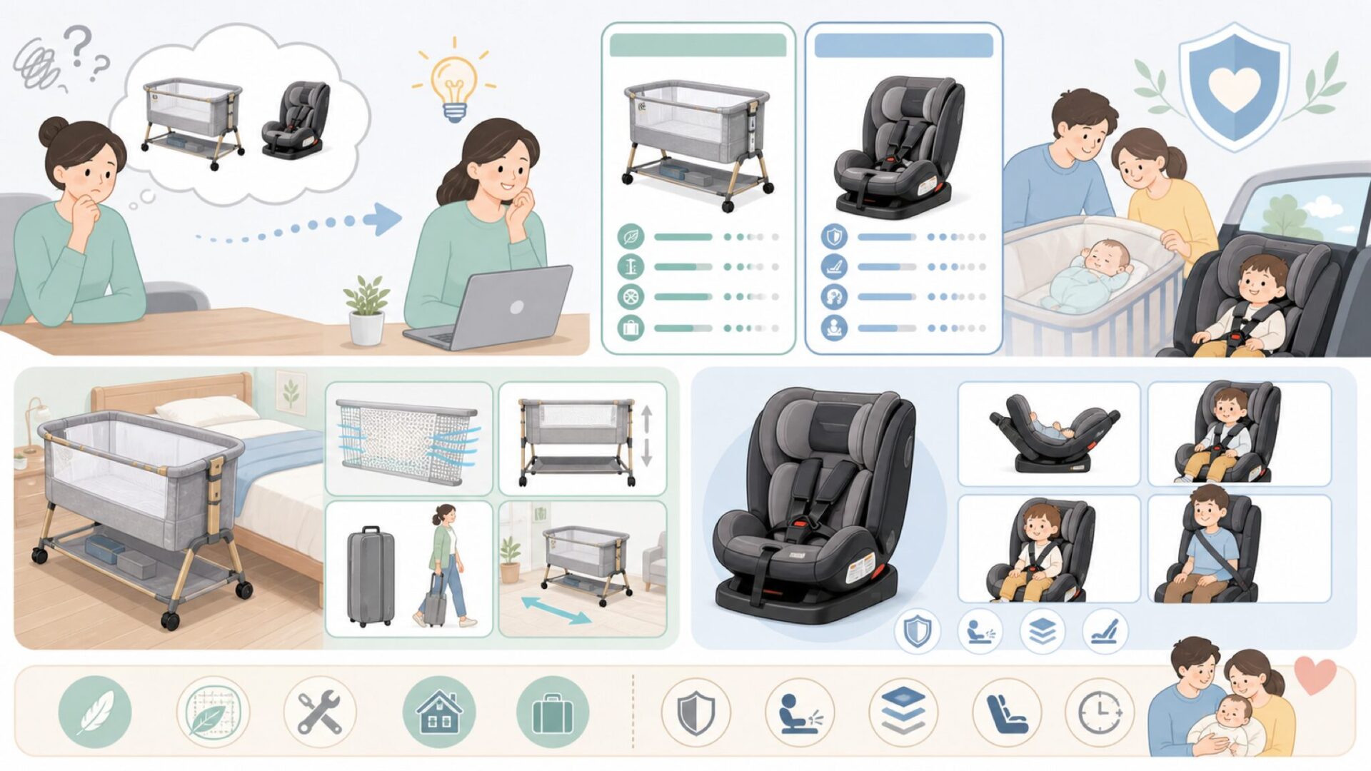 HZDMJの代表製品——ベビーベッドとチャイルドシートの仕様と使用感を表すイラスト
