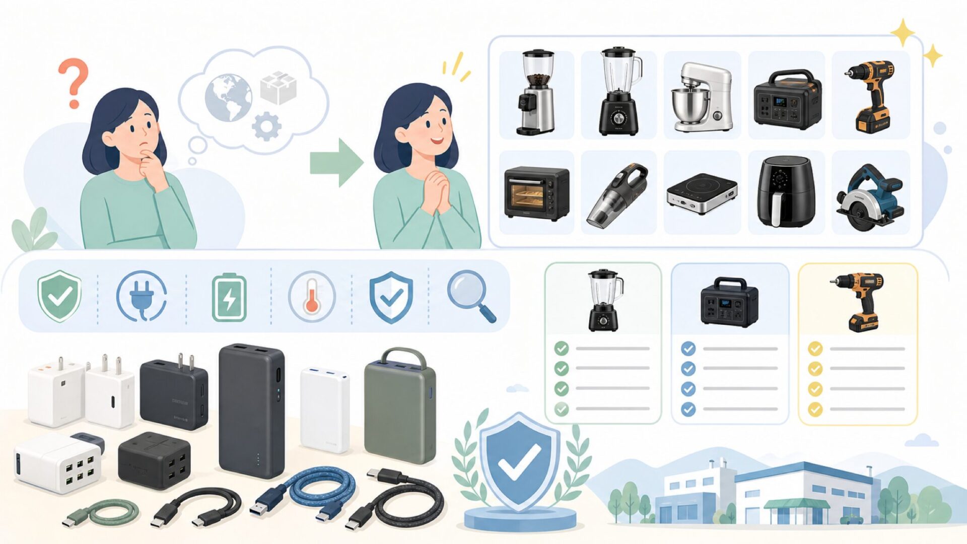 Huanyuの製品ラインナップ——キッチン機器からDIY工具まで幅広いを表すイラスト