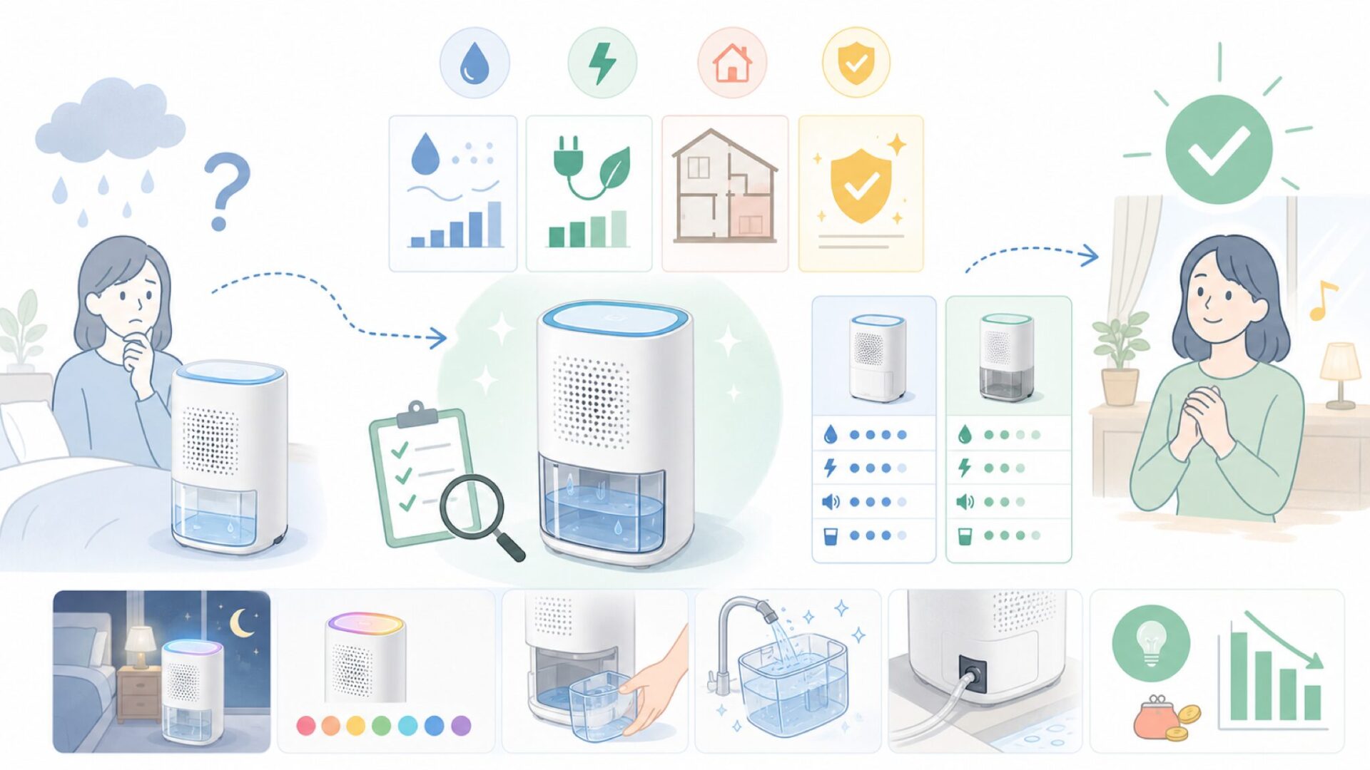 Hysure Q4除湿機の実力を詳しく見るを表すイラスト