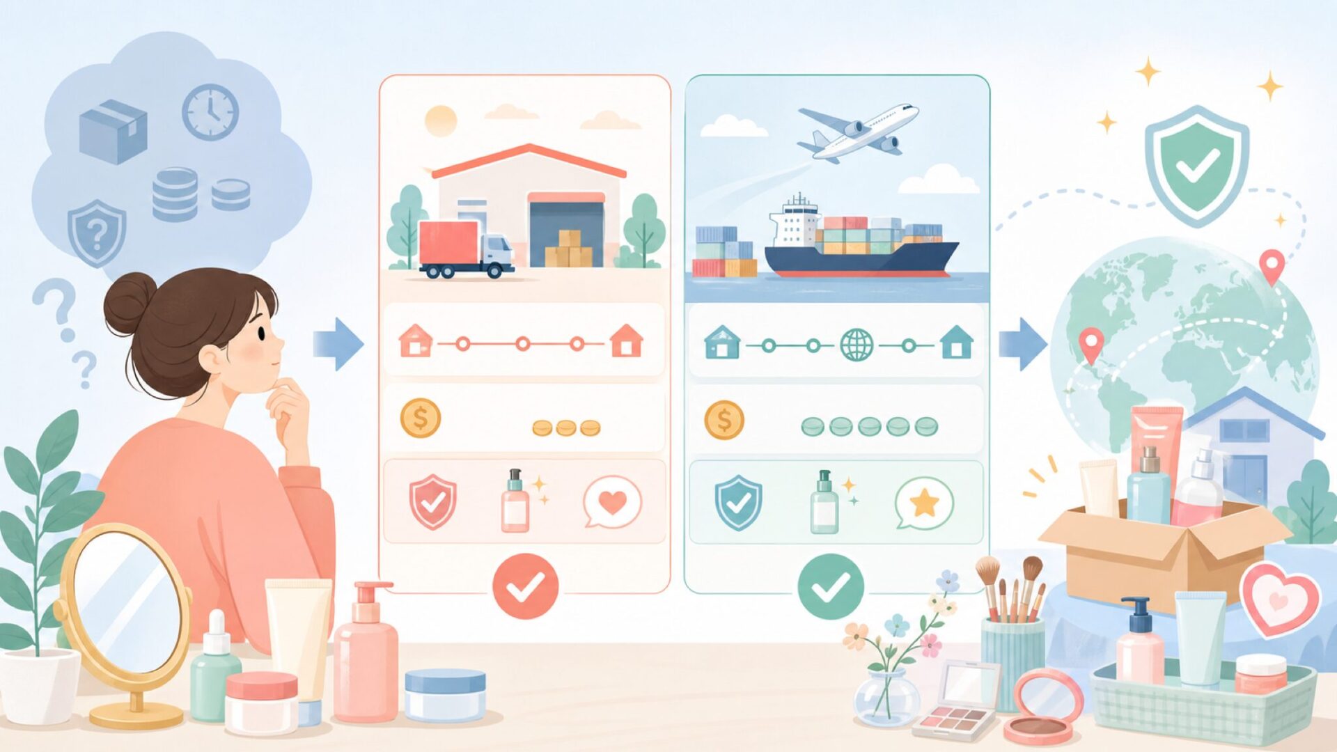 商品はどこから届く？発送元が「海外」でも怖くない理由を表すイラスト
