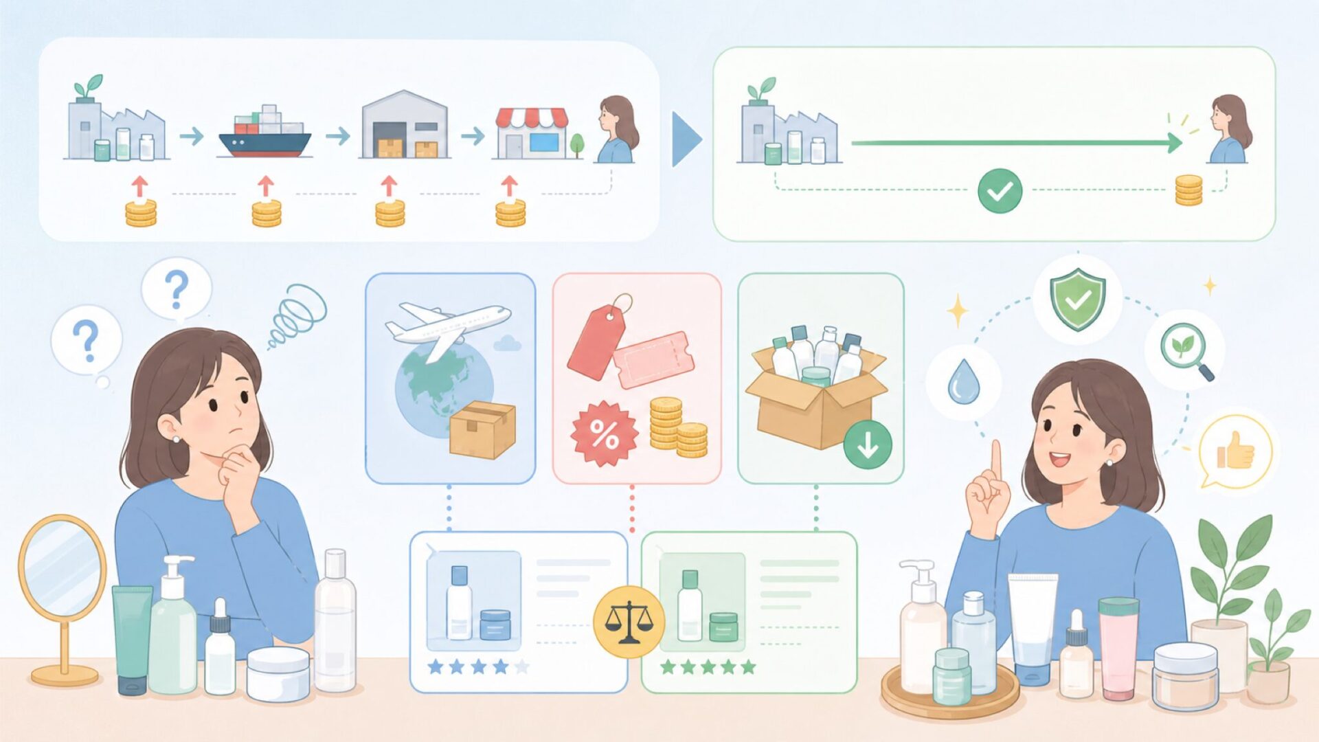 Qoo10の商品がなぜ安いのか、その仕組みを理解しようを表すイラスト