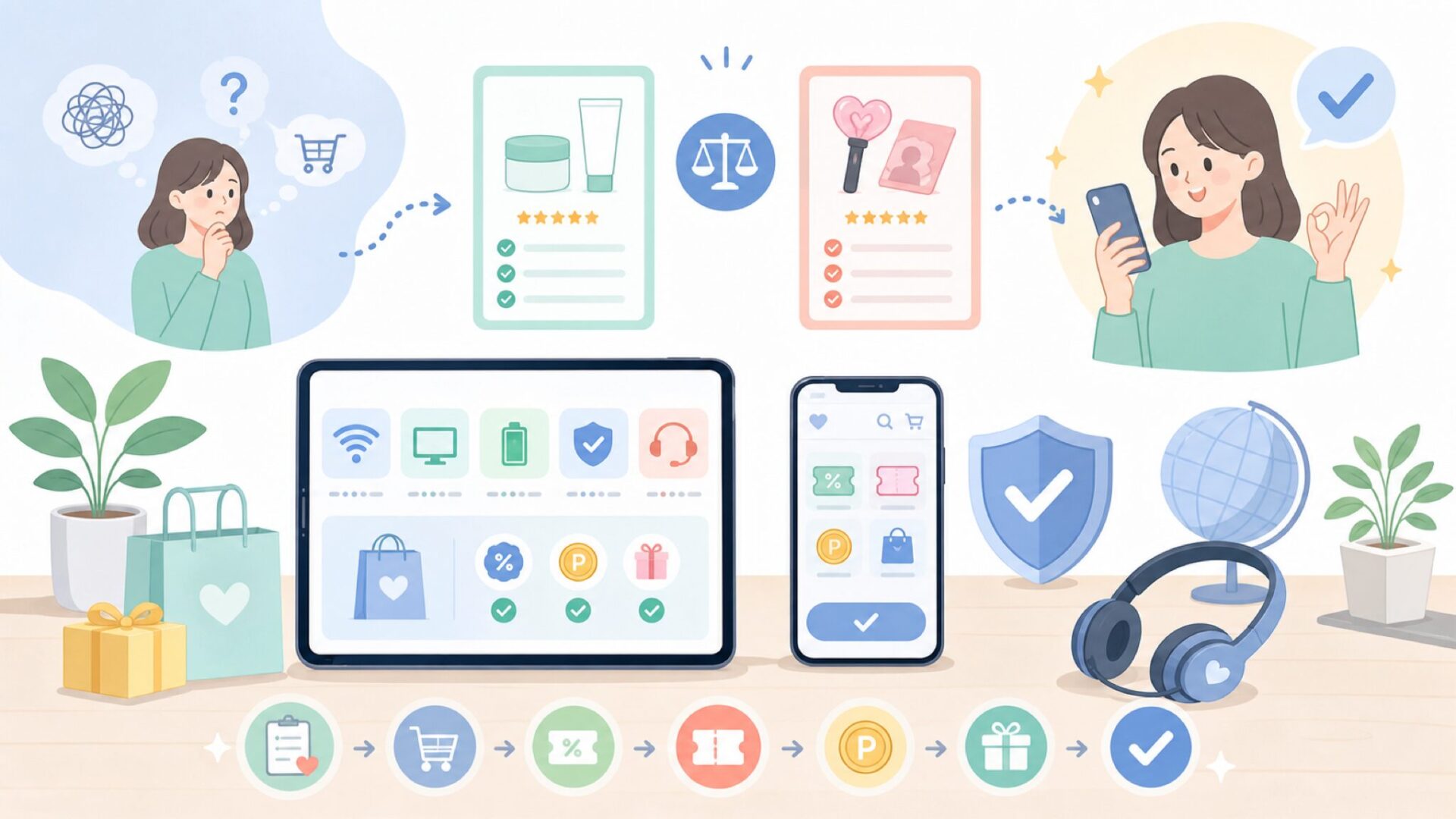 Qoo10を賢く使いこなすためのコツを表すイラスト