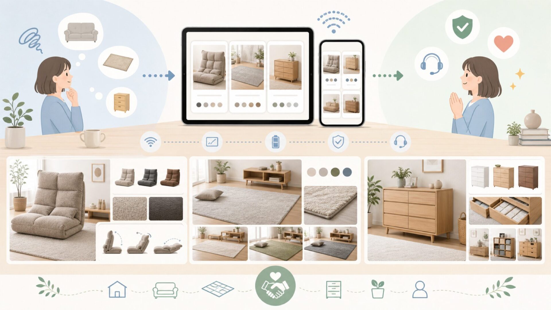 RASIKの主力商品ラインナップ——ソファ・ラグ・収納を表すイラスト