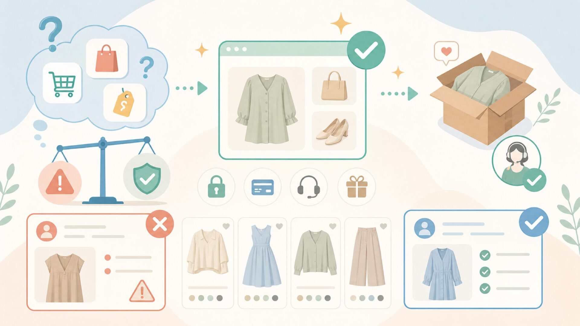 FreneはどこのECサイトで買える？公式以外の注意点を表すイラスト