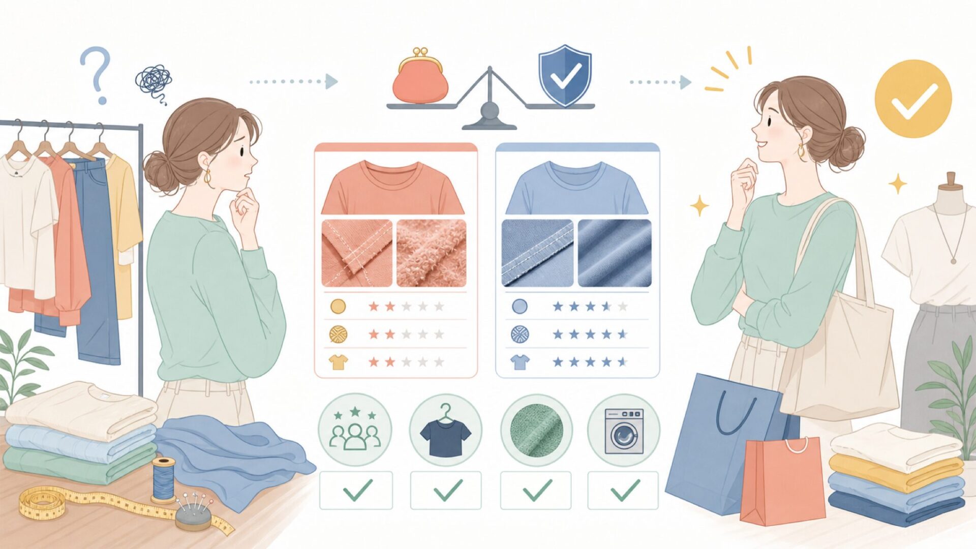 安さと品質のバランスは実際どう？買う前の本音チェックを表すイラスト