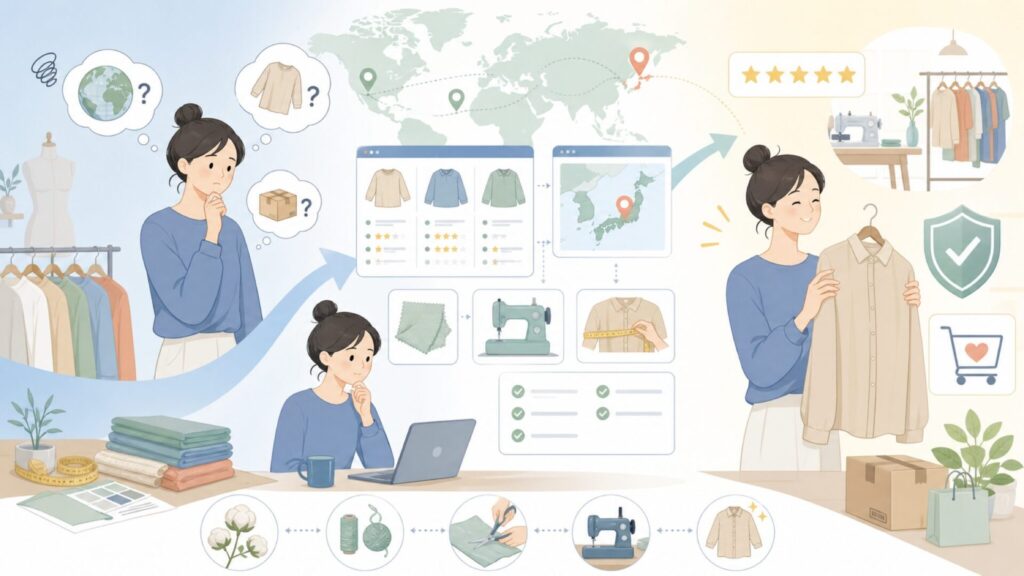 Nylausはどこの国？日本発ブランドの正体と失敗しない選び方の要点を表すイラスト