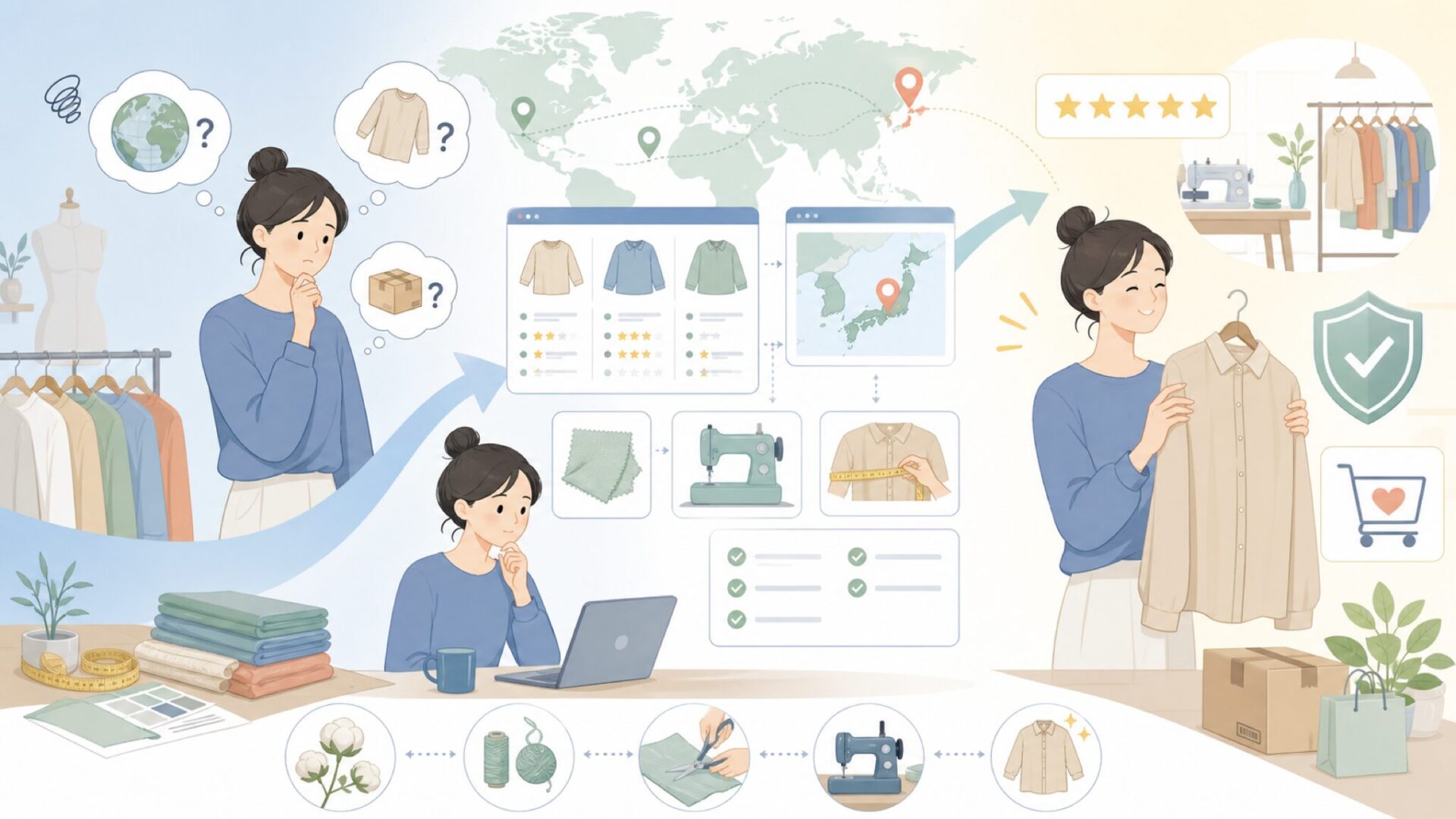 Nylausはどこの国？日本発ブランドの正体と失敗しない選び方の要点を表すイラスト