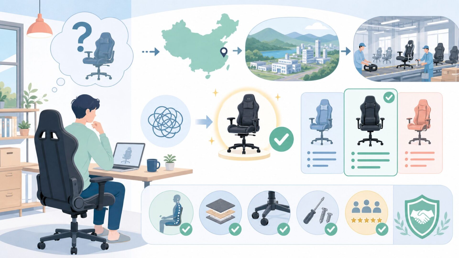 Dowinxは中国・浙江省発のゲーミングチェアブランド——家具産地という強みを表すイラスト