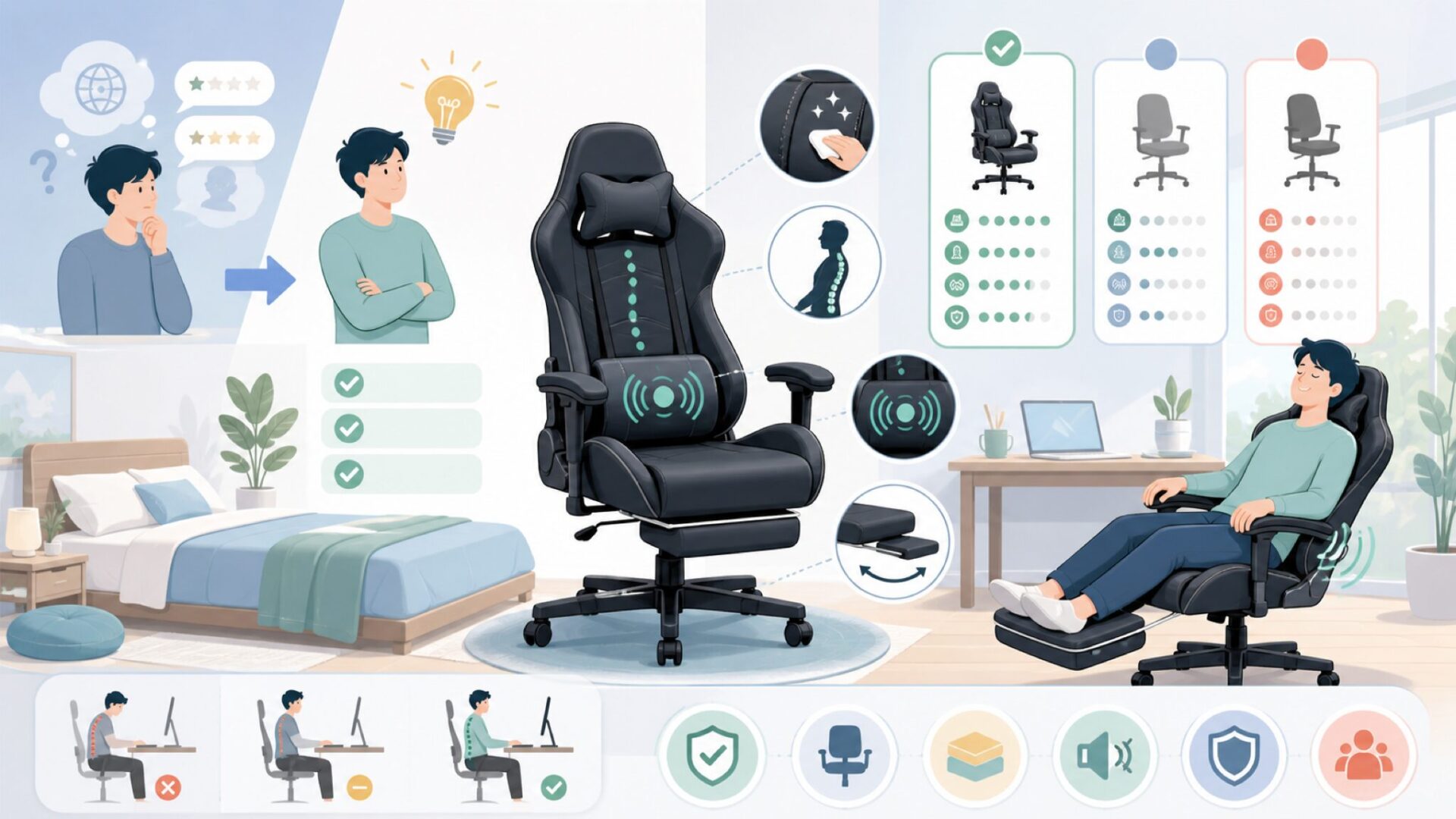 Dowinxのゲーミングチェアが支持される理由——PUレザー・人間工学・マッサージ機能を表すイラスト