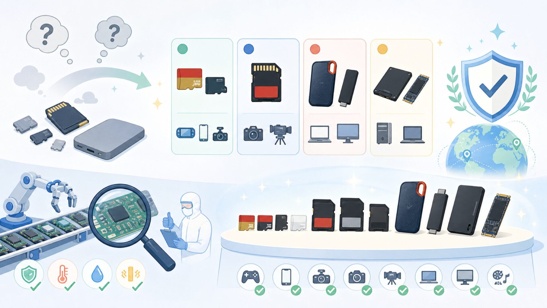 サンディスク製品のラインナップと特徴を表すイラスト