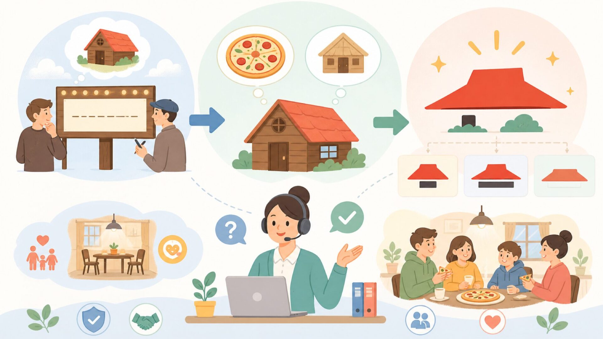 店名「Pizza Hut」と山小屋ロゴの由来を表すイラスト