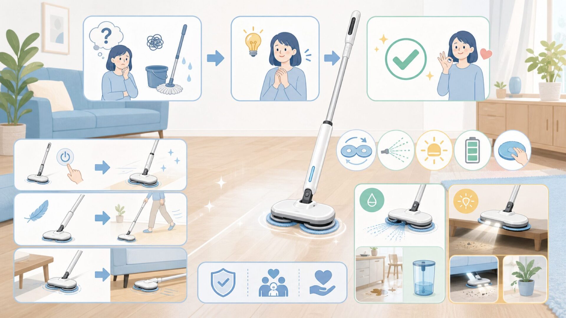 GOBOTの電動モップの特徴と使い心地——実際どうなのかを表すイラスト