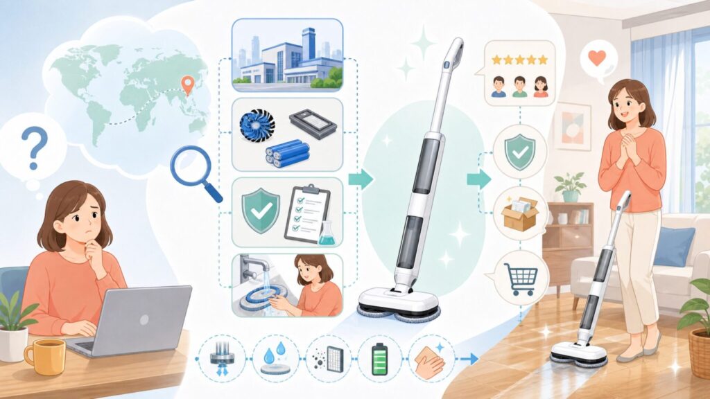 GOBOTはどこの国のブランド？中国製でも安心できる理由と電動モップの実力を徹底解説の要点を表すイラ