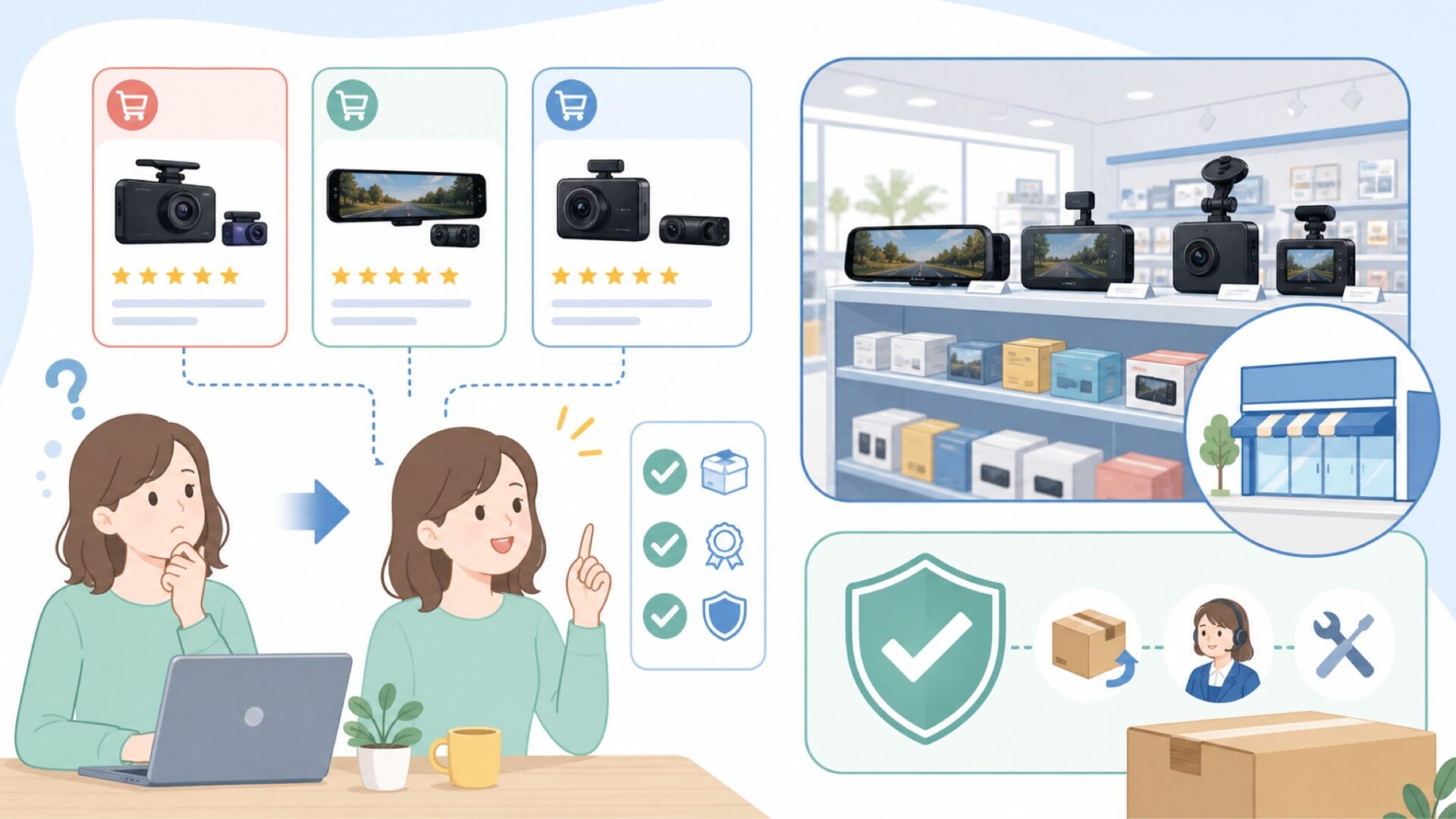 MAXWIN製品はどこで買える？取扱店と保証の仕組みを表すイラスト