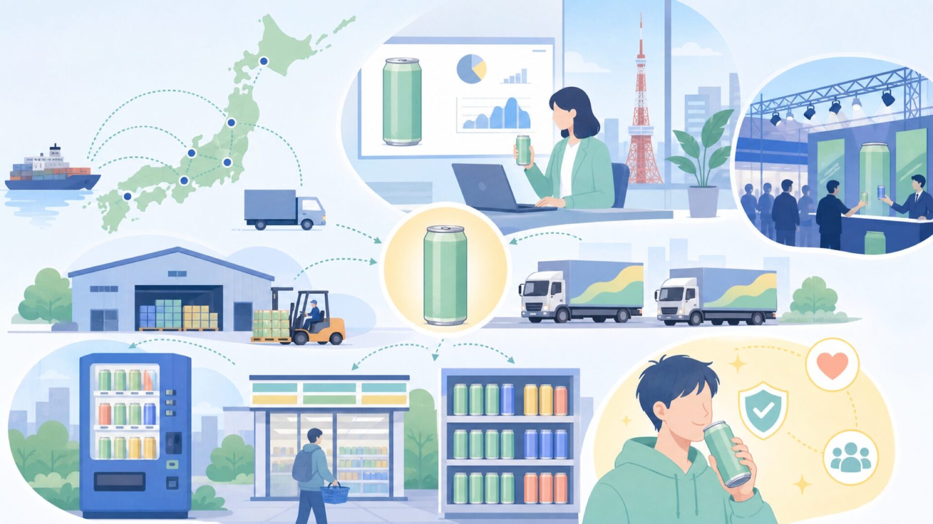 日本での販売状況と流通を担う企業を表すイラスト