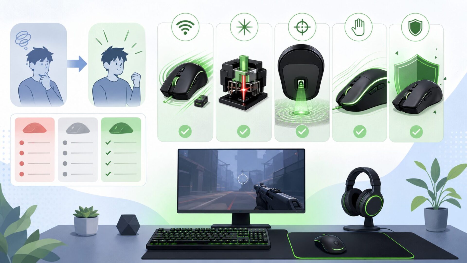 Razerゲーミングデバイスの5つの特徴｜FPSで勝つための技術を表すイラスト