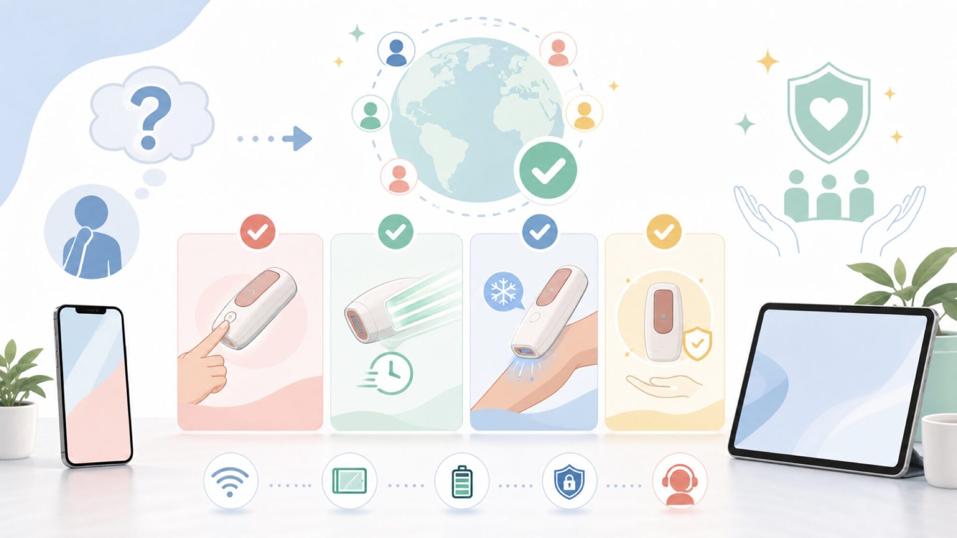 世界28か国で選ばれ続けるUlike脱毛器4つの魅力を表すイラスト