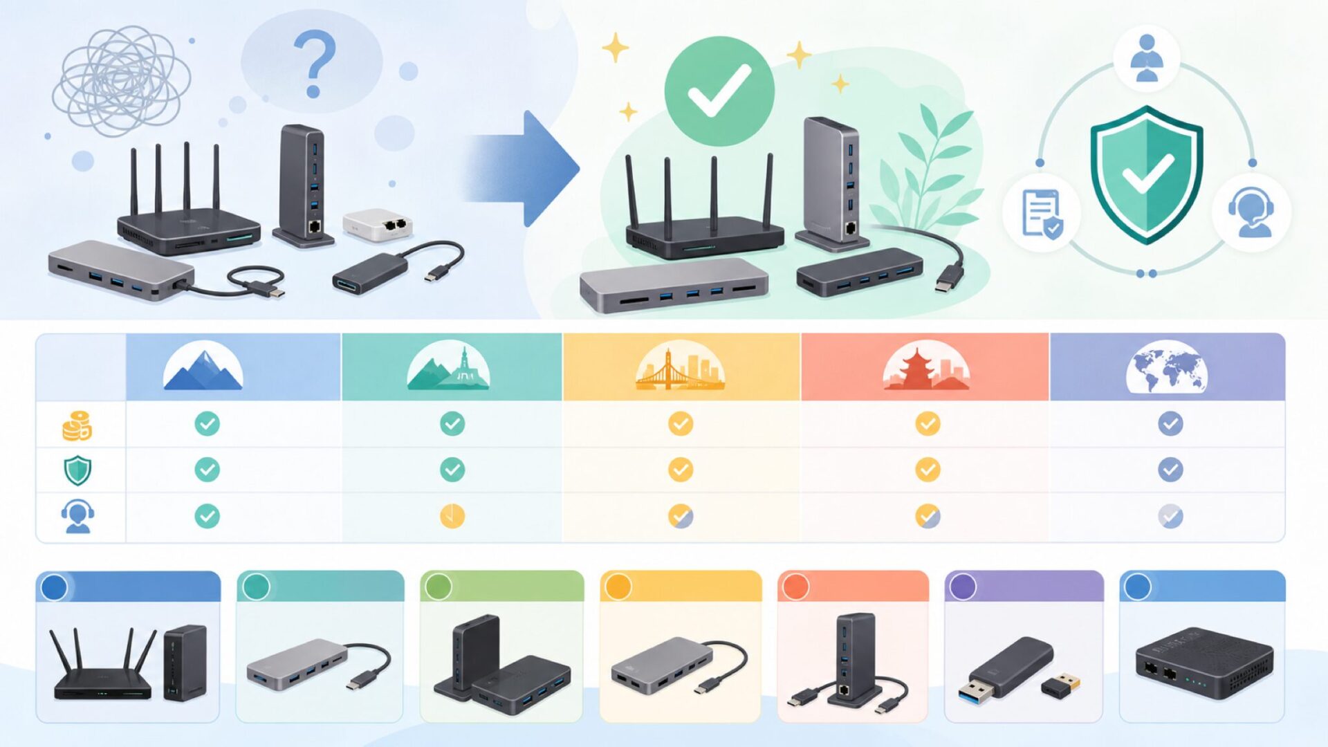 他メーカーと比べたWavlinkの立ち位置と代替候補7ブランドを表すイラスト
