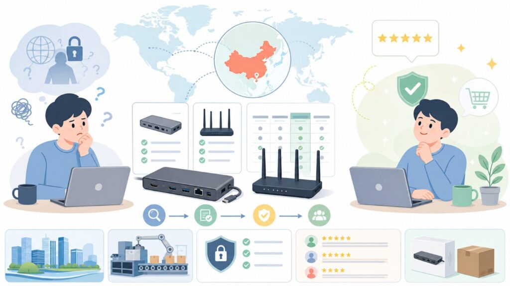 Wavlinkはどこの国のメーカー？中国企業の実態とバックドア疑惑の真相の要点を表すイラスト