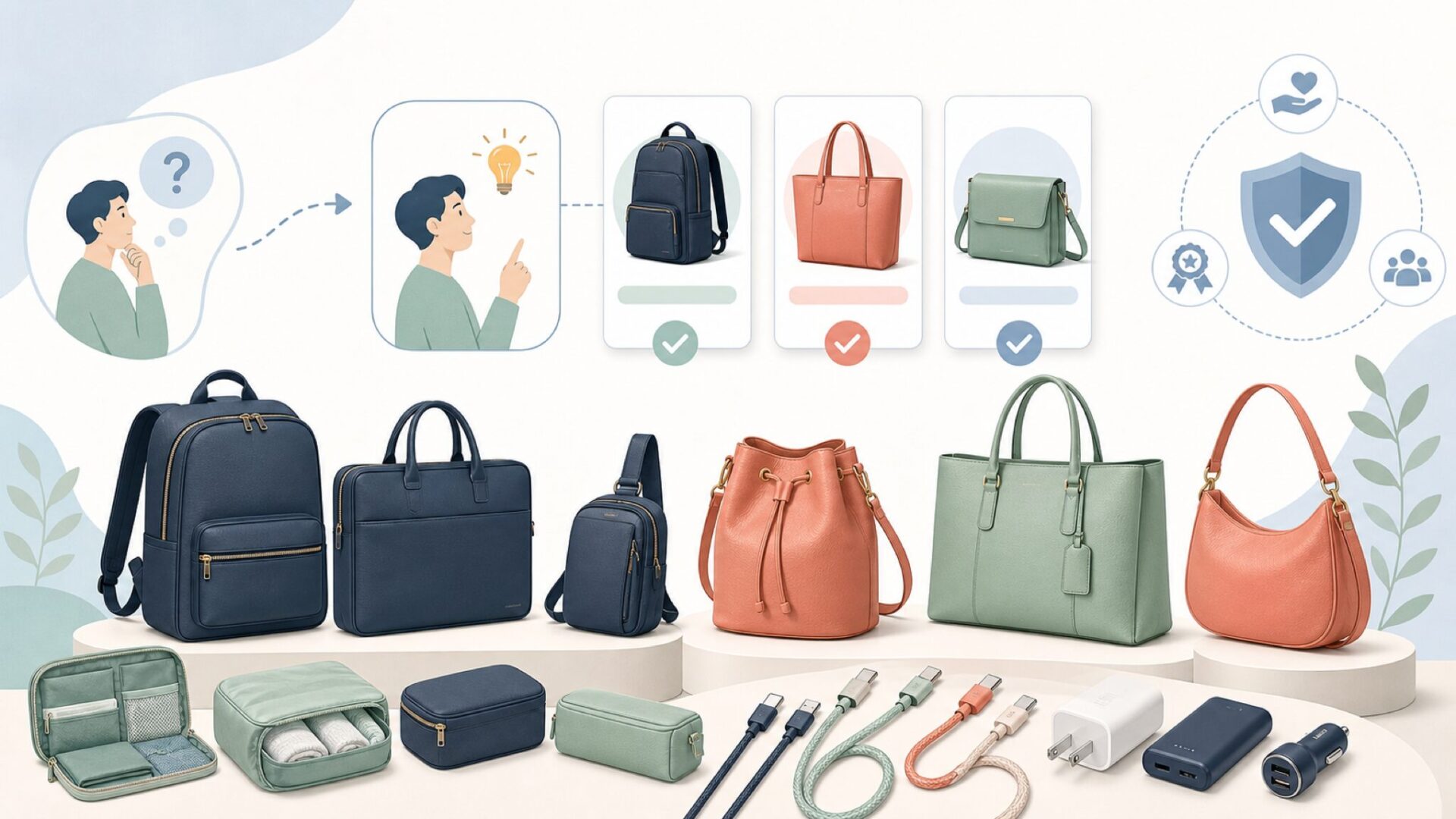 YOUZIPPERの製品ラインナップ — バッグからケーブルまでを表すイラスト
