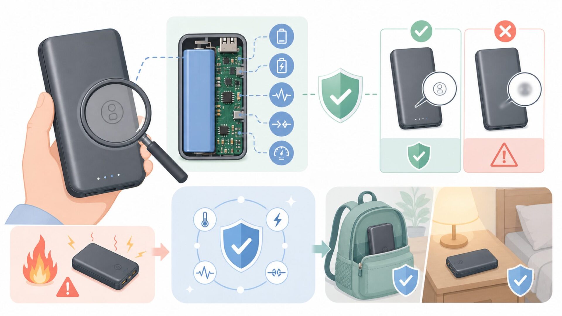 Zepanモバイルバッテリーの安全性を自分の目で見極めるを表すイラスト