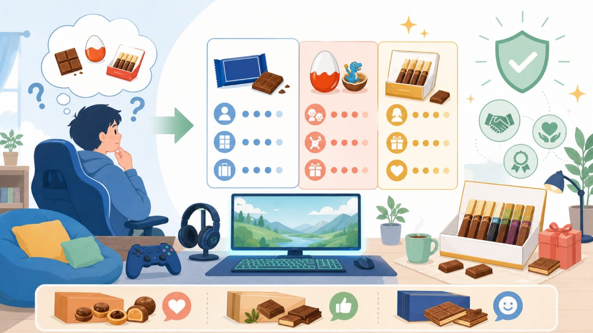 ドイツチョコ業界でのmerciの立ち位置。リッタースポーツやキンダーとの違いを表すイラスト
