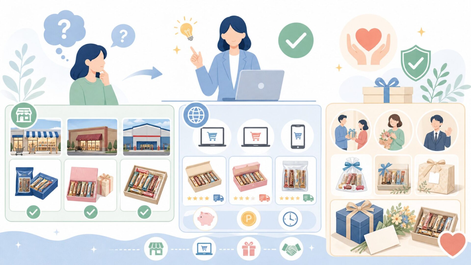 merciはどこで買える？日本での購入チャネルとギフト活用術を表すイラスト