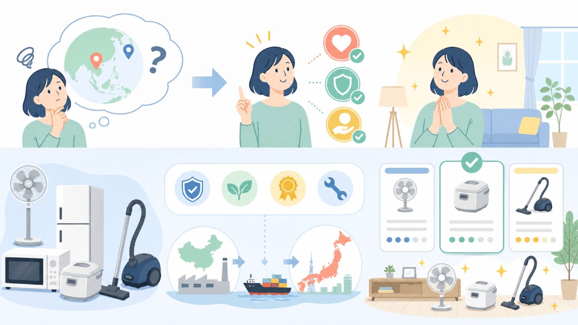 結論：ZEPEAL（ゼピール）は日本のブランド、製造は中国を表すイラスト