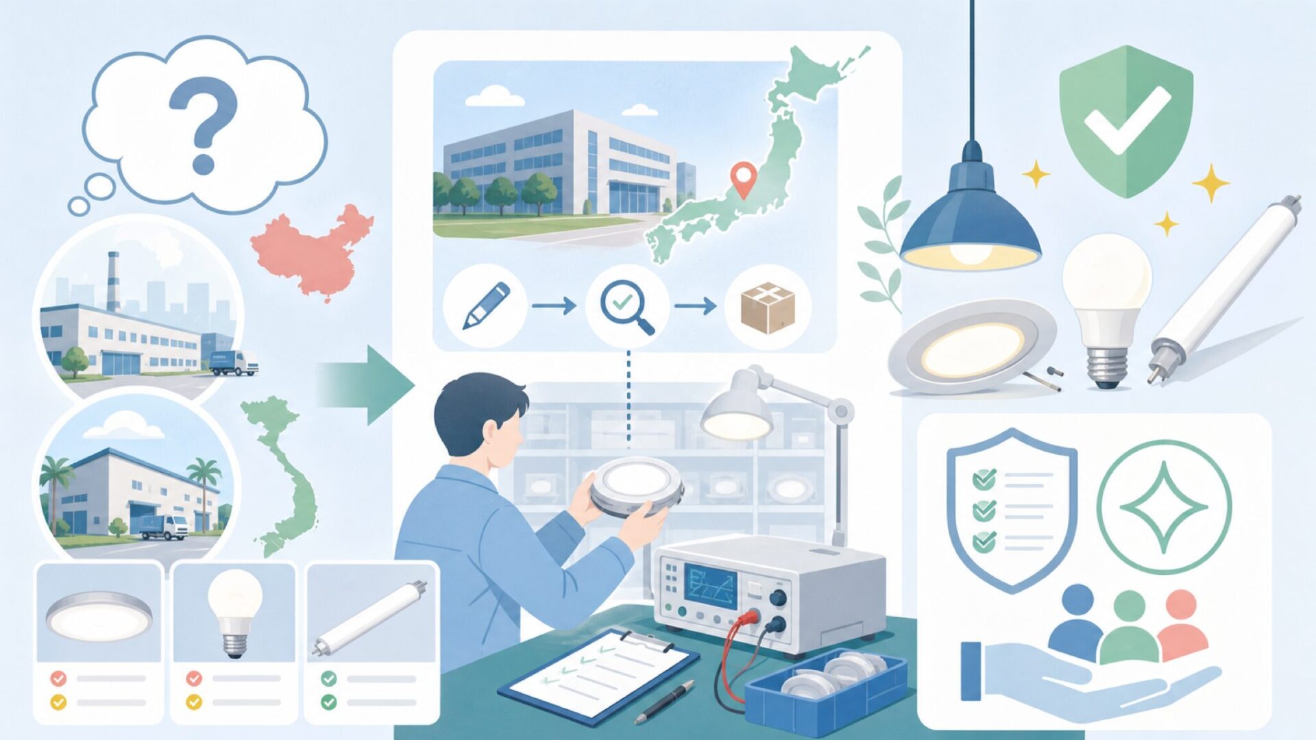 製造国はどこ？品質を支える吉川事業所とPSE適合の実態を表すイラスト