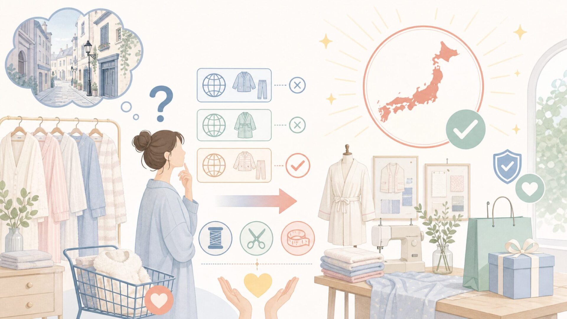 ジェラートピケはどこの国のブランド?答えはまっすぐ「日本」ですを表すイラスト