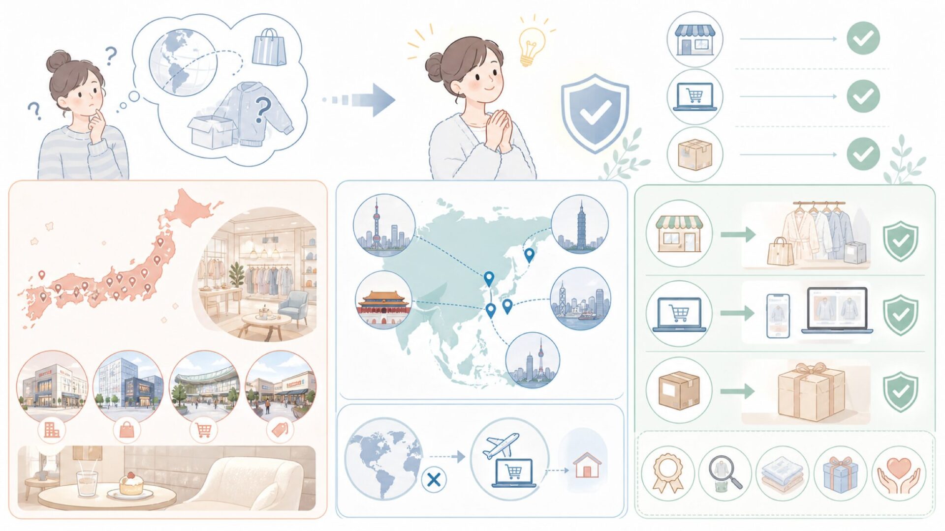 国内と海外で広がるジェラートピケの店舗展開と正規購入ルートを表すイラスト