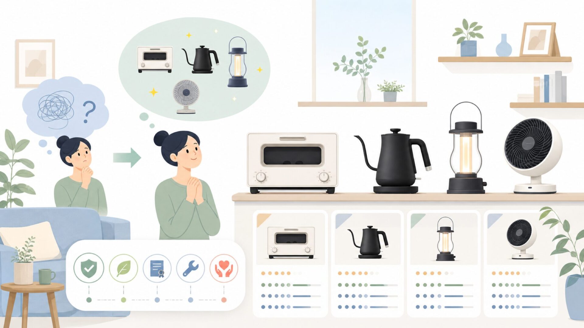バルミューダの代表商品ラインナップ|暮らしを変えた家電たちを表すイラスト
