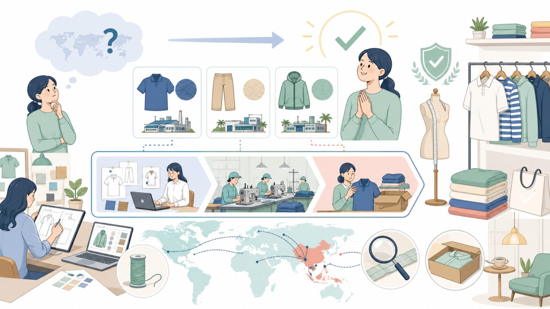 パーリーゲイツの製造国はどこ？日本企画・アジア生産の実態を表すイラスト