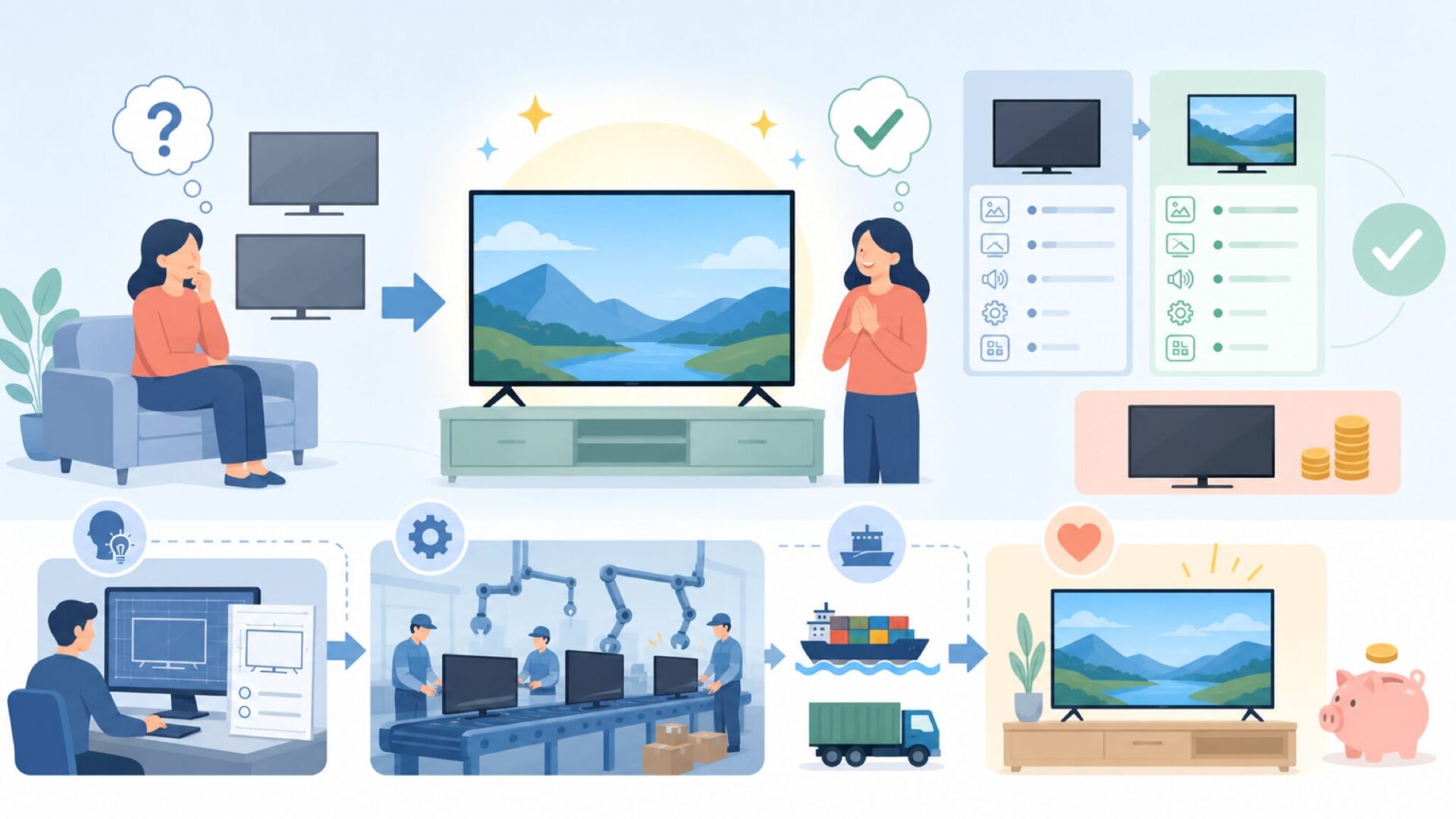 ユニテクのテレビが格安で買える理由を表すイラスト