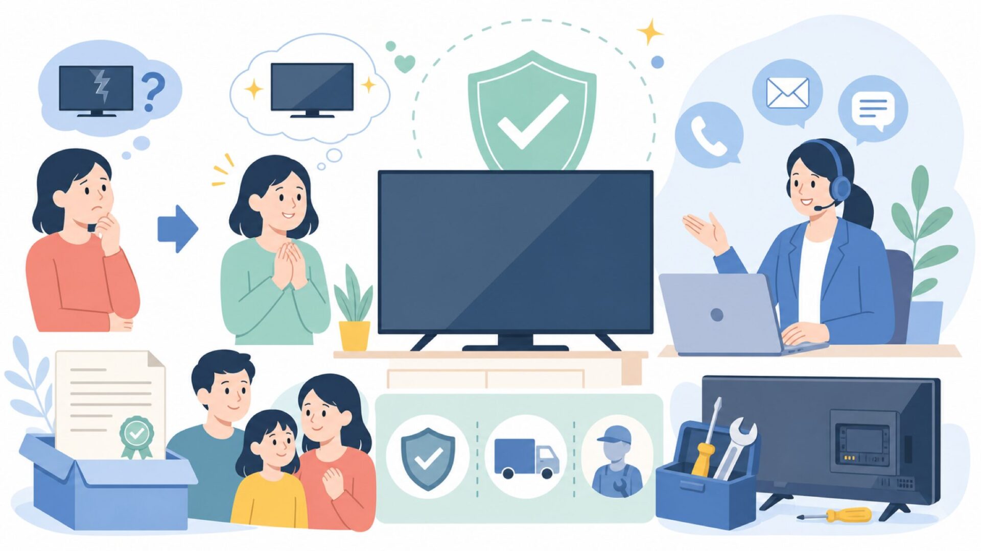 ユニテクテレビの保証とアフターサービスを表すイラスト