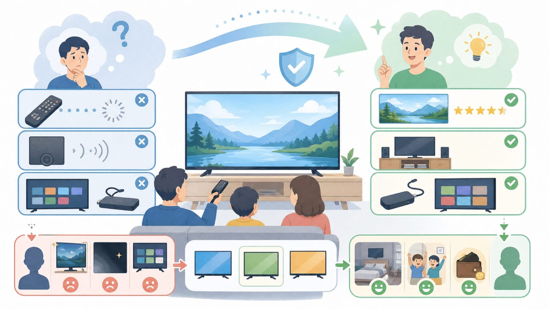 ユニテクテレビの評判と注意点を表すイラスト