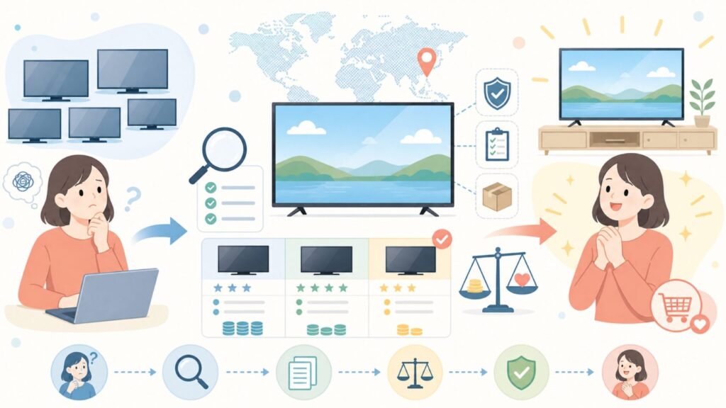 ユニテクはどこの国の会社？テレビが安い理由と購入前の判断基準を完全解説の要点を表すイラスト